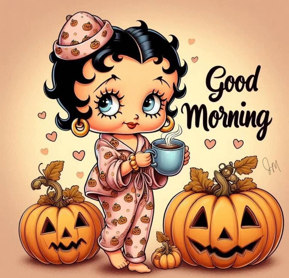 Cartolina buongiorno Halloween con zucca arancione e caffè