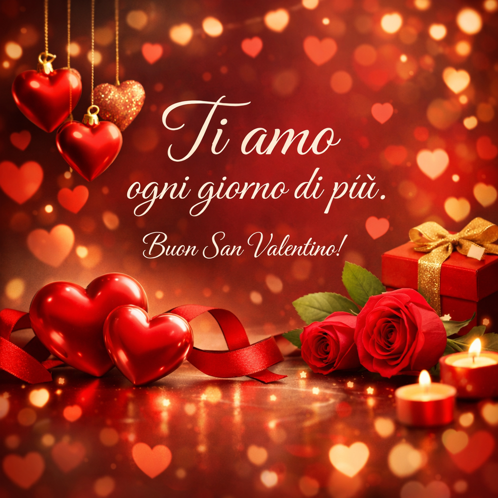 Immagine di San Valentino con rose rosse, candele accese e frase romantica Tu sei il mio oggi e tutti i miei domani