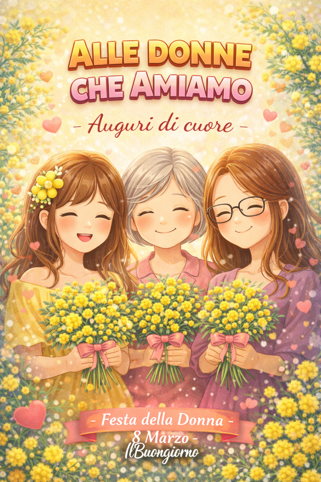 Tre donne sorridenti con mazzi di mimose e scritta Alle donne che amiamo 8 Marzo