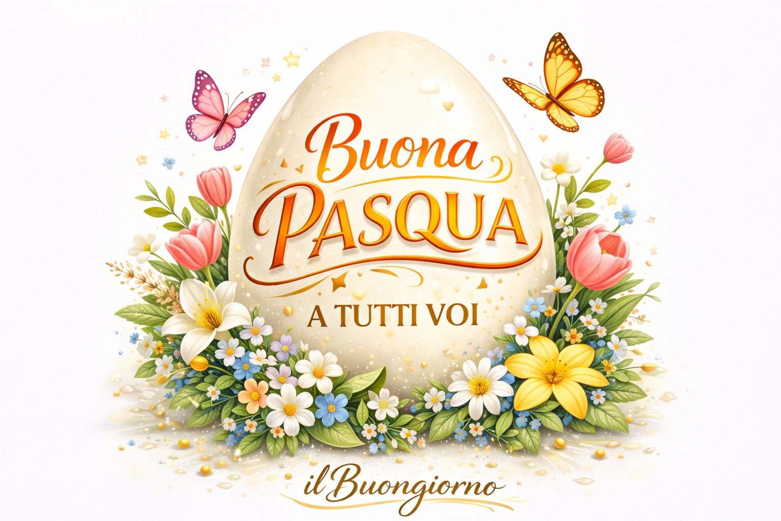Immagini di Buona Pasqua con uova di cioccolato, coniglietti, pulcini, simboli religiosi e decorazioni primaverili firmate ilBuongiorno