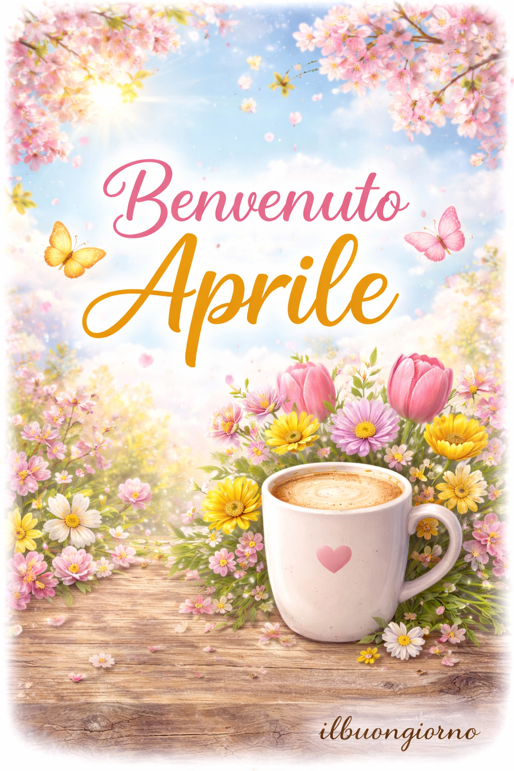 benvenuto aprile immagini con fiori colorati e tazza di caffè primavera