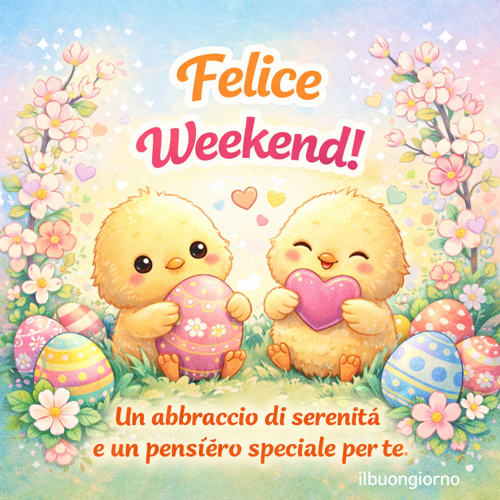 Pulcini teneri con uova di Pasqua e scritta felice weekend pasquale