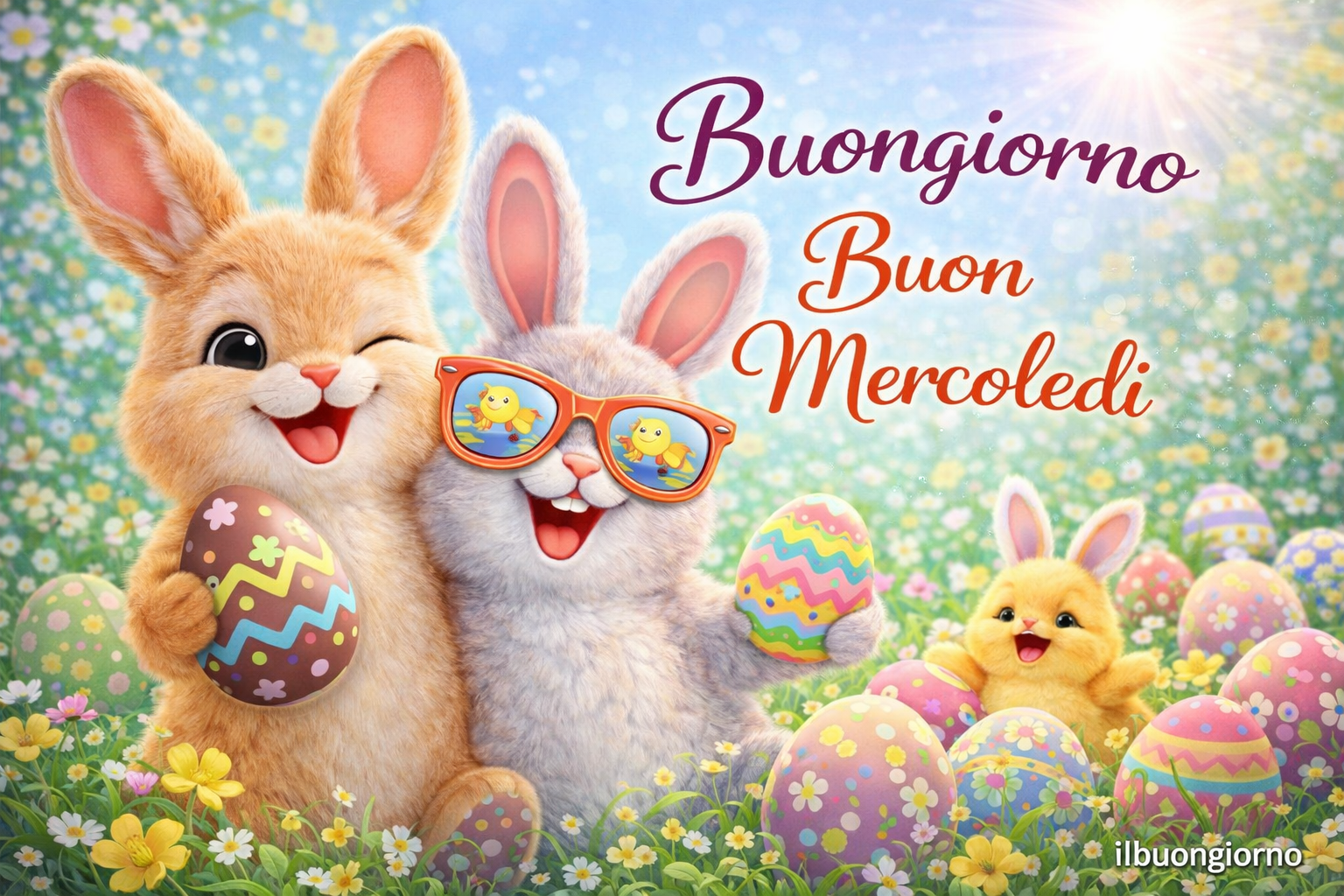 due coniglietti pasquali in cestino con uova colorate buongiorno mercoledì